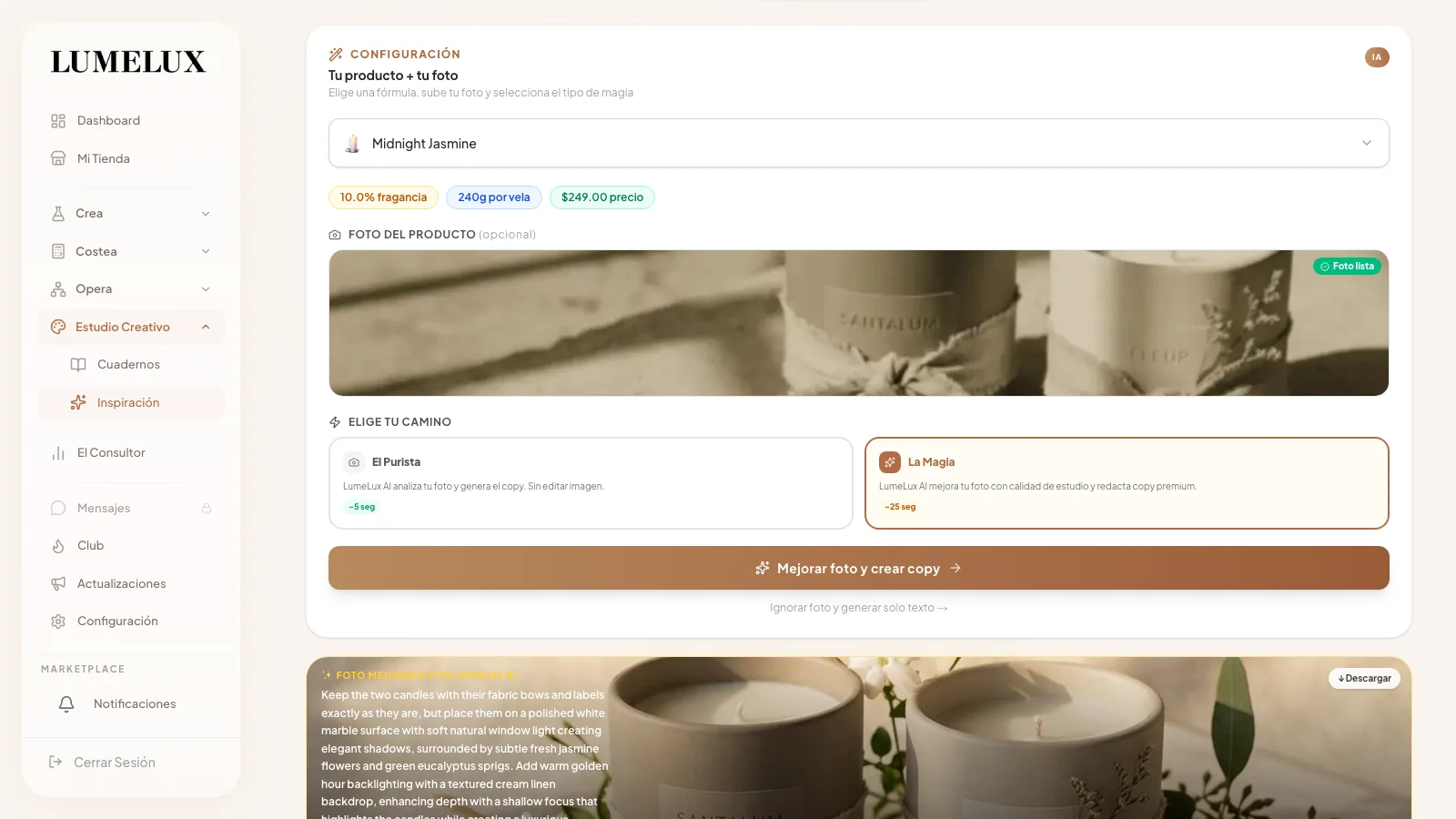 LumeLux AI Marketing Studio en acción